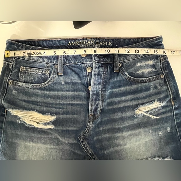 AMERICAN EAGLE Denim Distressed Button-fly Mini Skirt. - Picture 6 of 7